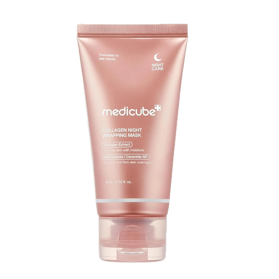 Pink tube of Medicube Collagen Night Wrapping Mask on a white background