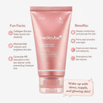 Pink tube of Medicube collagen night moisturizing mask with benefits and fun facts on a white background
