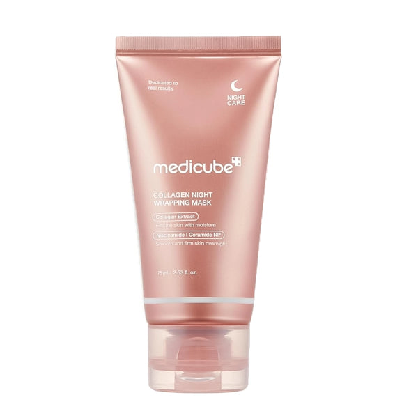 Pink tube of Medicube Collagen Night Wrapping Mask on a white background